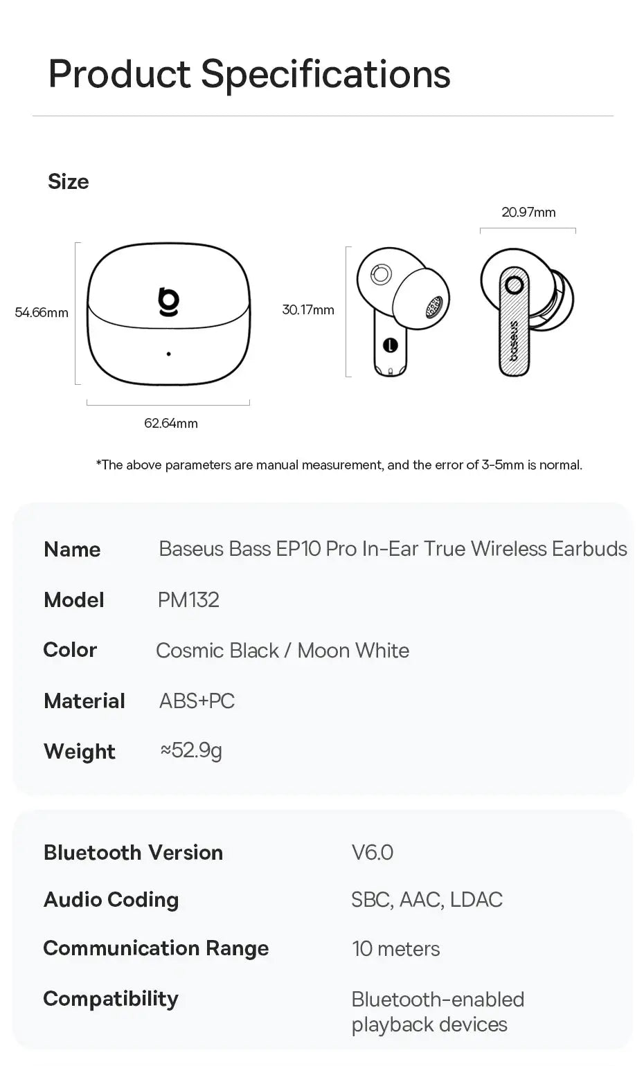 Baseus EP10 Pro in-ear wireless earbuds with charging case in Cosmic Black / Moon White