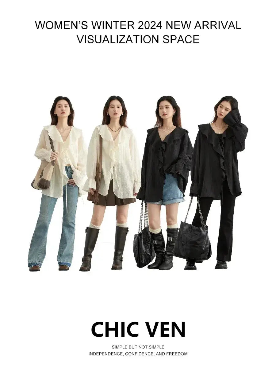 CHIC VEN women's loose casual shirt with V-neck lace-up and ruffled edges, cream and black (4 outfits)