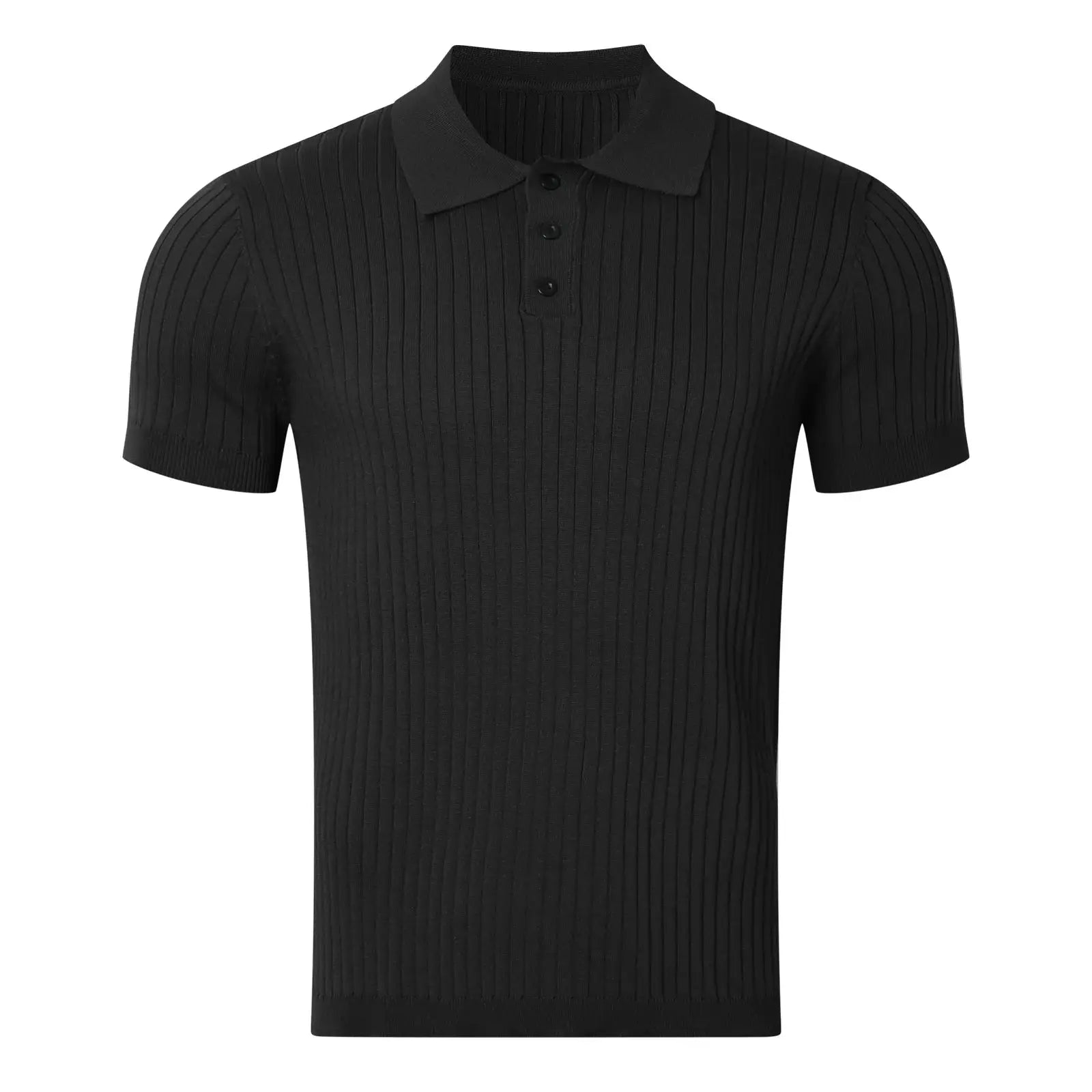 Black rib-knit polo shirt with short sleeves, polo collar, and three-button placket.
