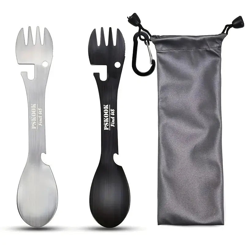 PSKOOK 5-in-1 camping utensil set with silver and black handles, fork/spoon/knife and bottle opener, with gray drawstring pouch.