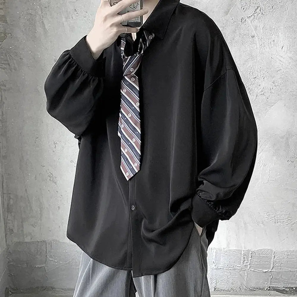 Men's Korean-style oversized black shirt with striped tie