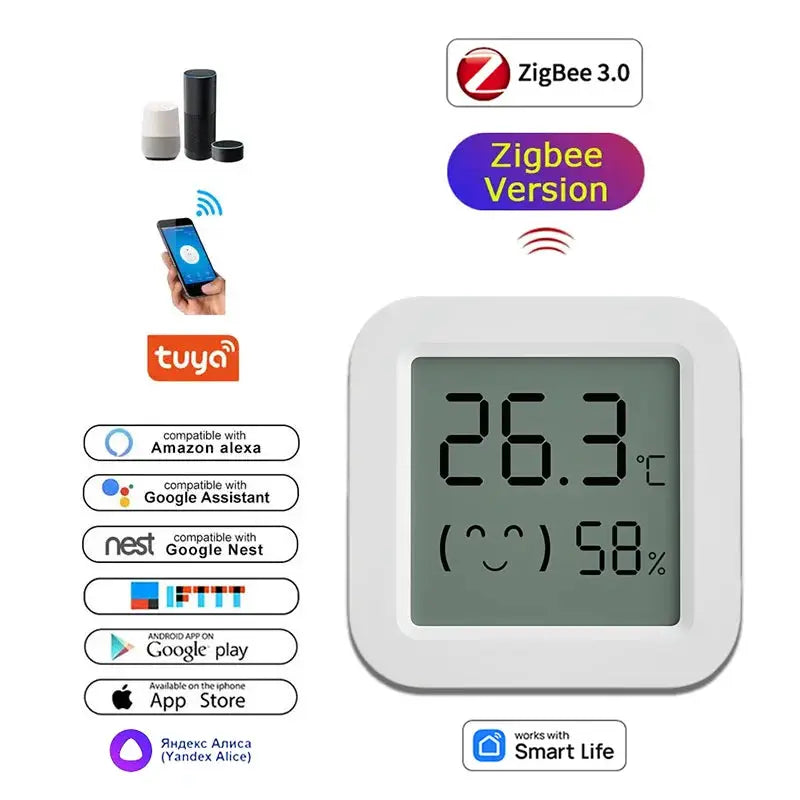 Zigbee Temperature Humidity Sensor by Simples Market with LCD display, white housing, 26.3°C and 58% RH