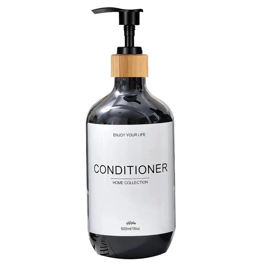 Refillable conditioner dispenser bottle, 500ml, dark glass with wooden collar and black pump.
