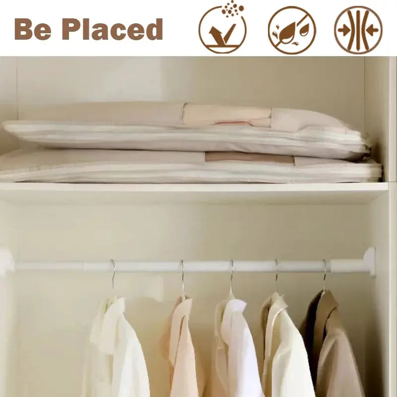 1pc clothing compression bag wardrobe organizer; beige and white garments on a closet rod, 6 items