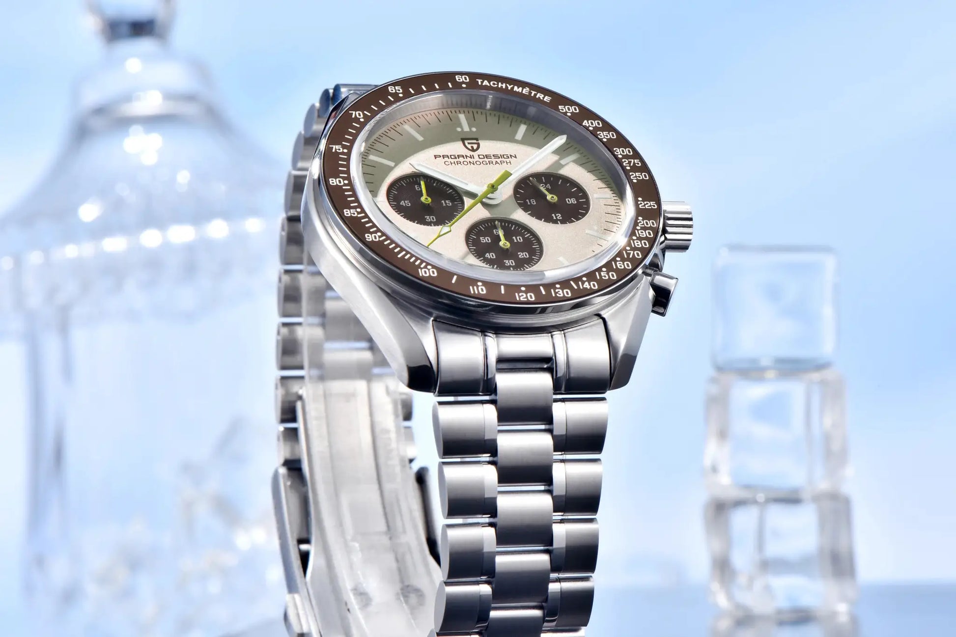 Pagani Design chronograph watch on stainless steel bracelet with tachymeter bezel