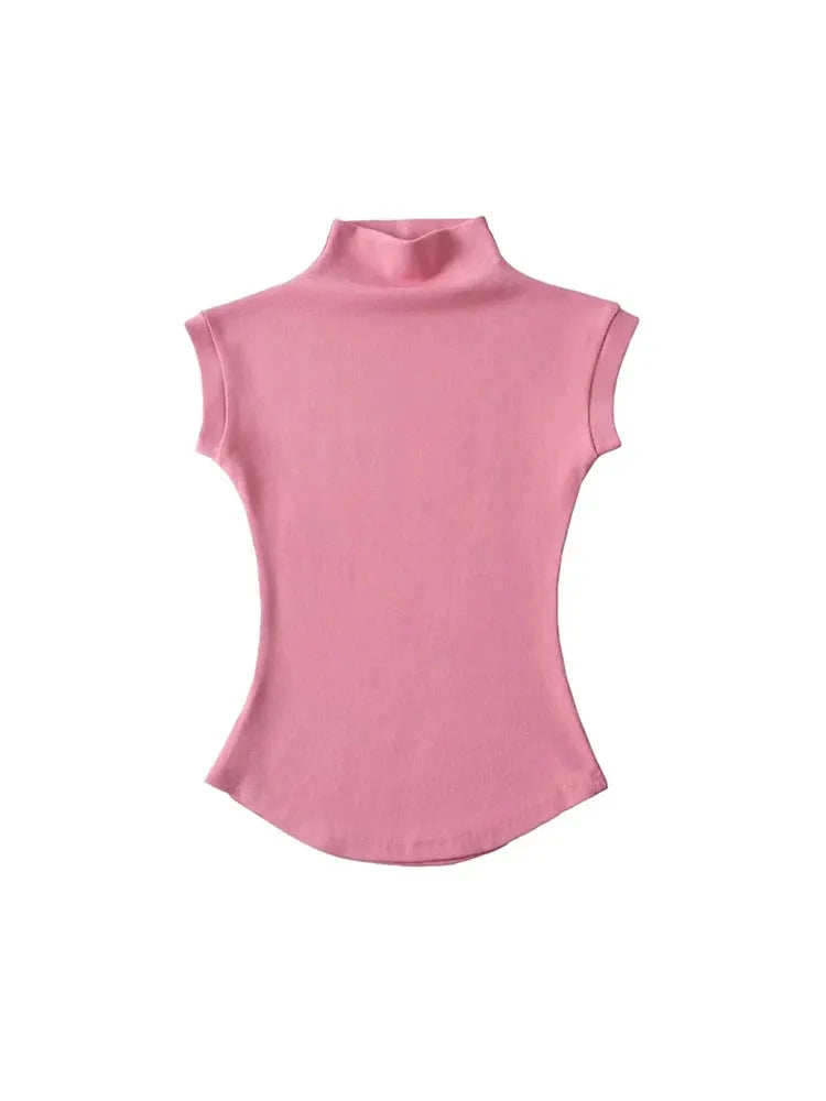 Women's Sleeveless Turtleneck Knit Top Slim Fit Summer Tee Solid Color Streetwear Essentials