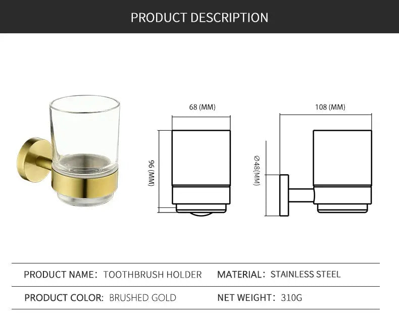 Toothbrush holder in brushed gold with glass cup, wall-mounted bathroom accessory