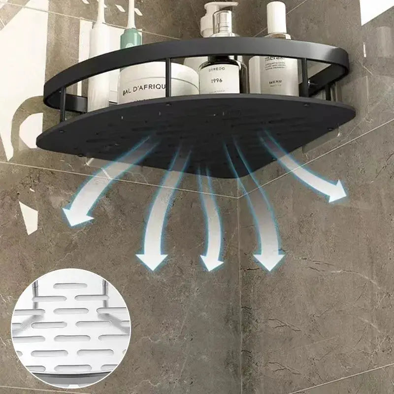 Bathroom corner round black no-drill wall shelf from Simples Market for shampoo bottles