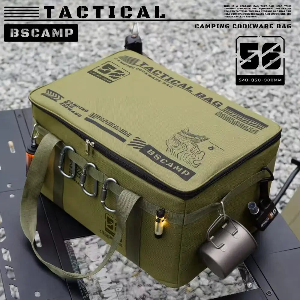 Simples Market tactical camping bag; olive green insulated waterproof large-capacity storage for cookware.