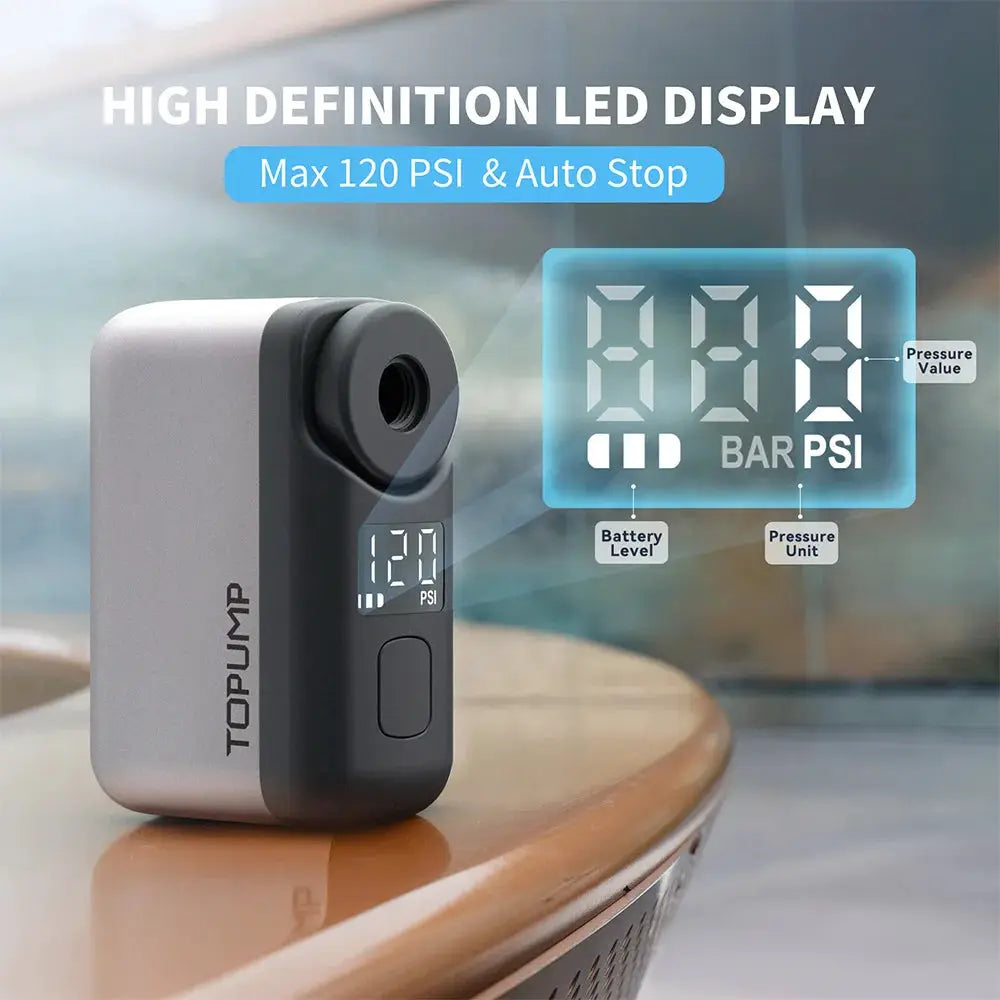 Topump TB2 Pro Mini Electric Tire Inflator For Bike Cordless 120 PSI Max 450mAh Battery With Screen Fast Charging