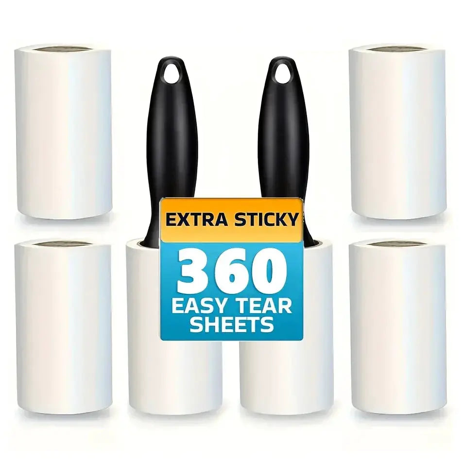 Lint roller with six white rolls and two black handles, 360 easy-tear sheets for pet hair on furniture and clothes