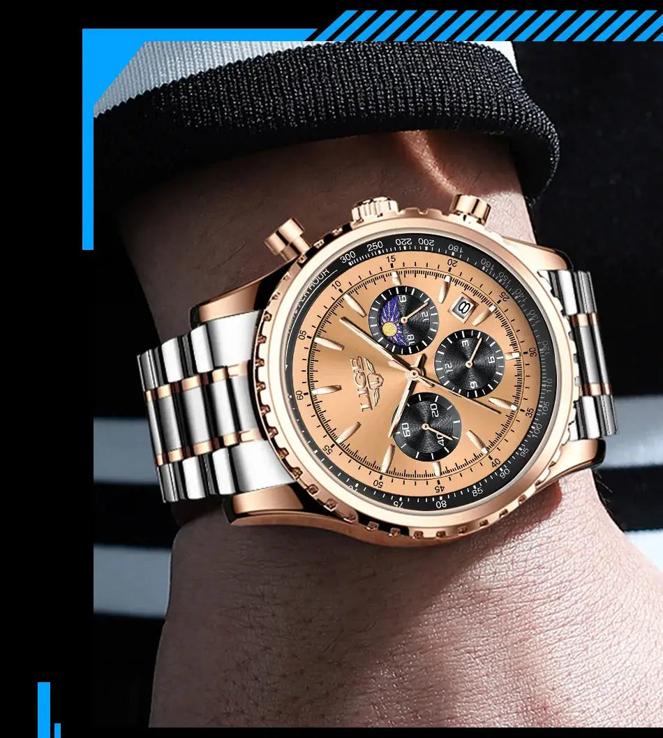 LIGE men's luxury chronograph watch with rose-gold case and two-tone steel bracelet