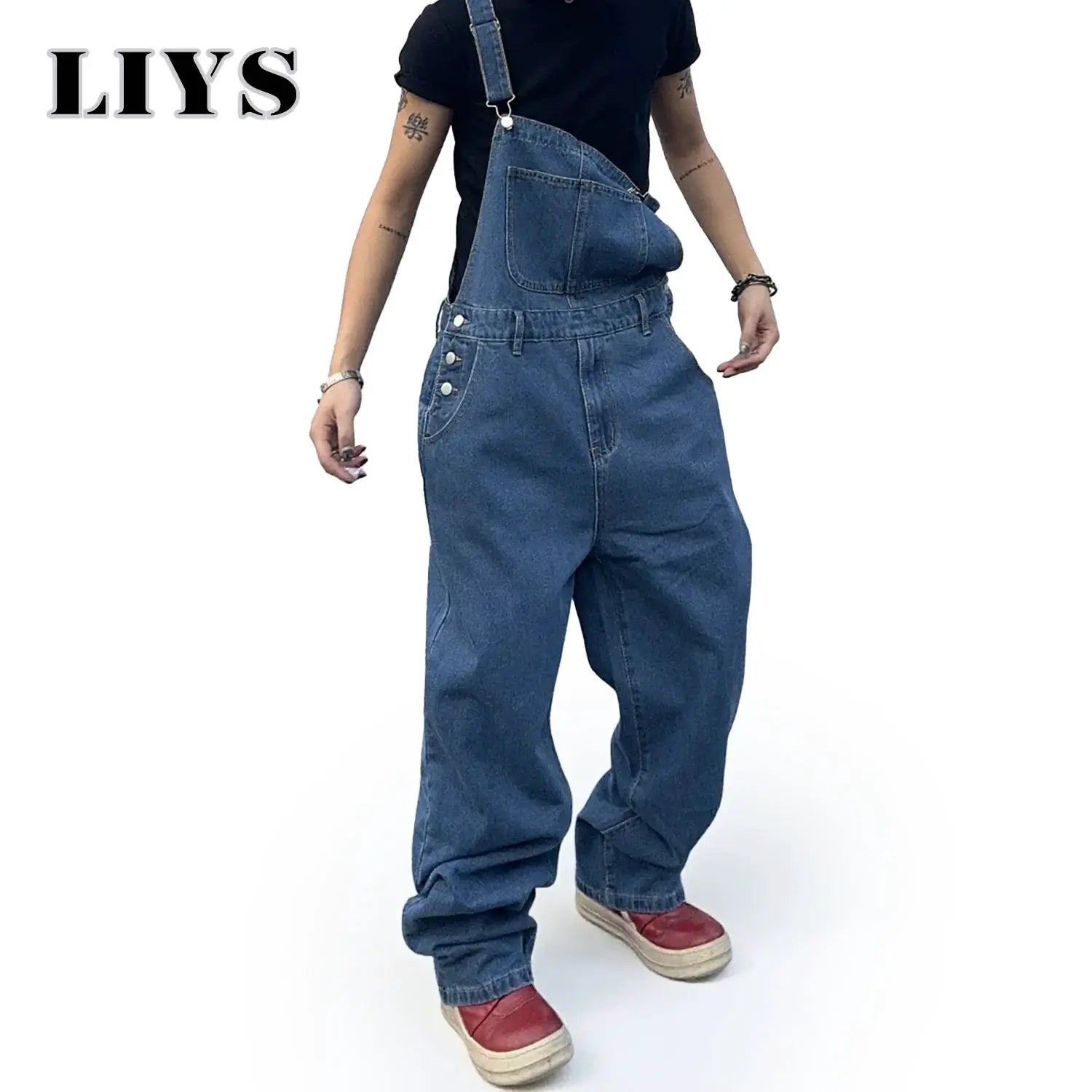 Men's denim overalls with suspenders, baggy mid-waist jumpsuit in washed blue with metal buttons LIYS logo visible.
