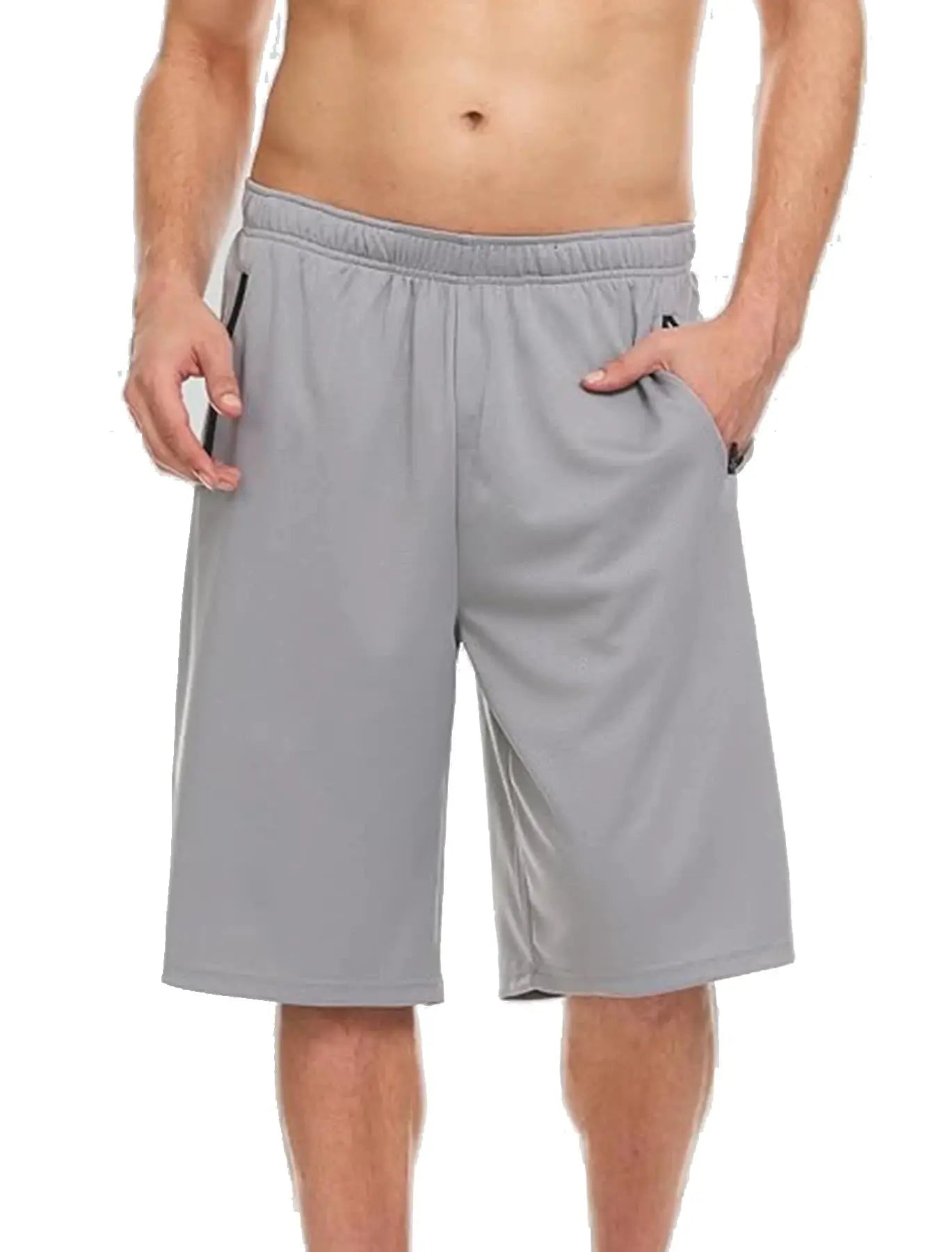 Men's gray workout shorts with elastic waistband and zippered phone pocket