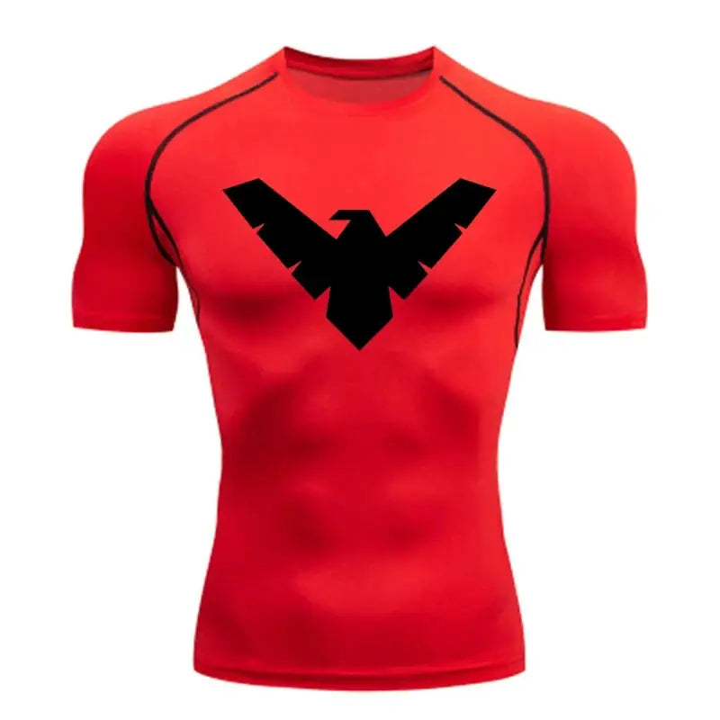 Men's red short-sleeve compression shirt with black chest logo, quick-dry gym top for running.