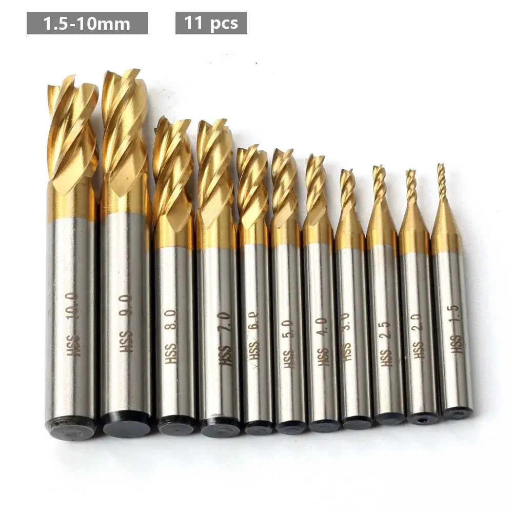7Pcs 11Pcs Milling Cutters 4 Flute Titanium Coated HSS End Mill Set 1.5 to 10mm CNC Router Bit for Wood Steel Milling