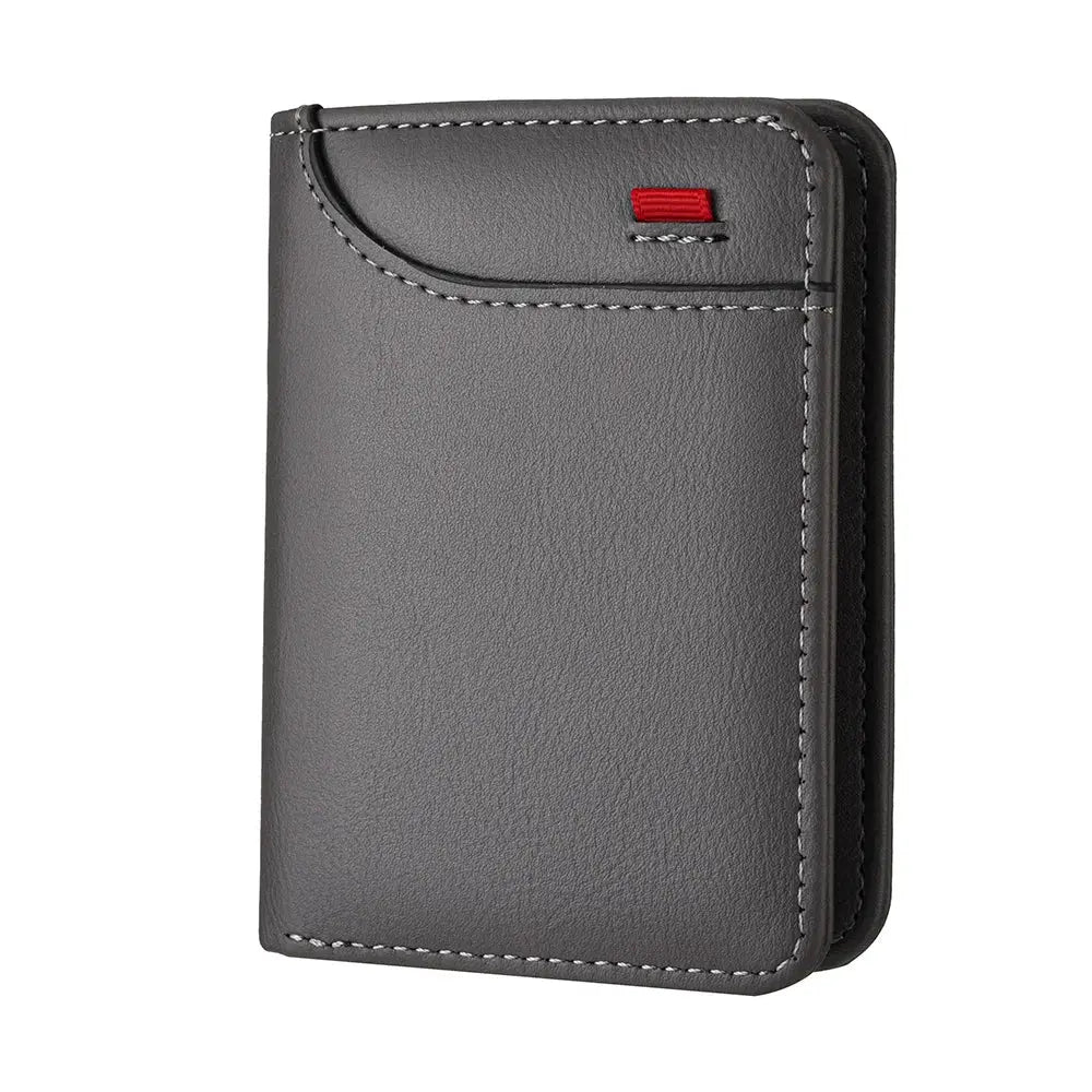 Simples Market men's vertical leather card wallet in gray with white stitching and red accent