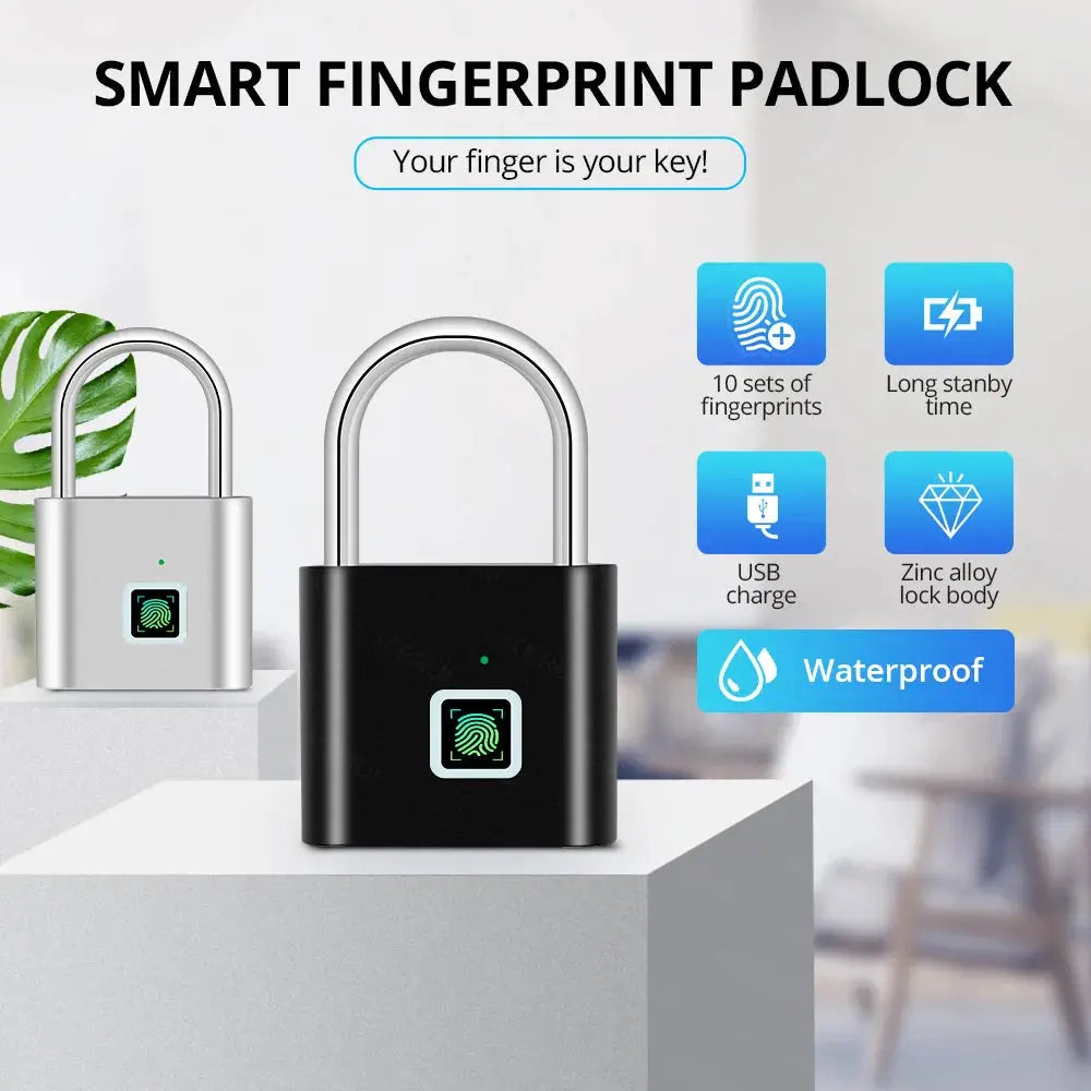Fingerprint padlock, black and silver zinc-alloy bodies with USB charging and waterproof design (2-pack)