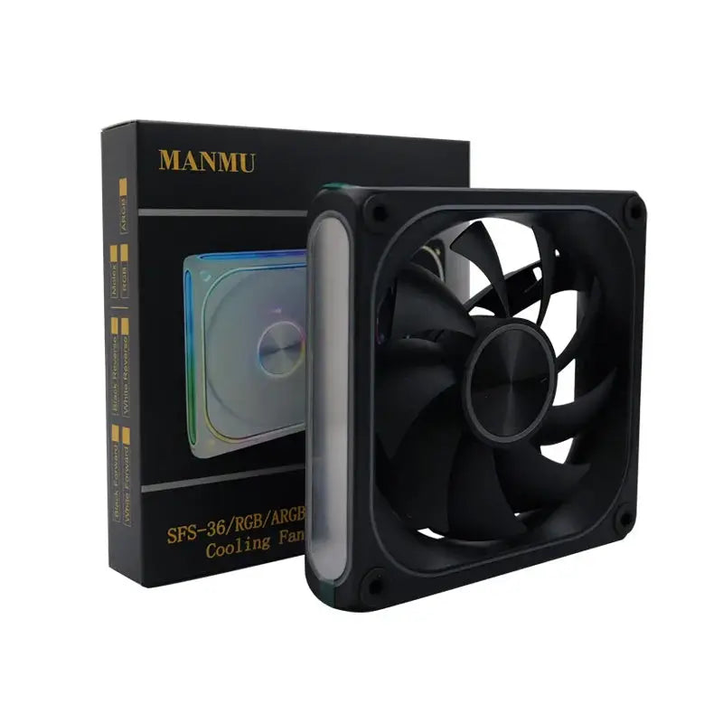 MANMU 120mm RGB computer case fan with black frame and rainbow RGB lighting