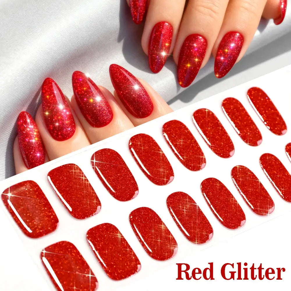 Red glitter nail sticker sheet with 16 full-cover UV gel wrap decals