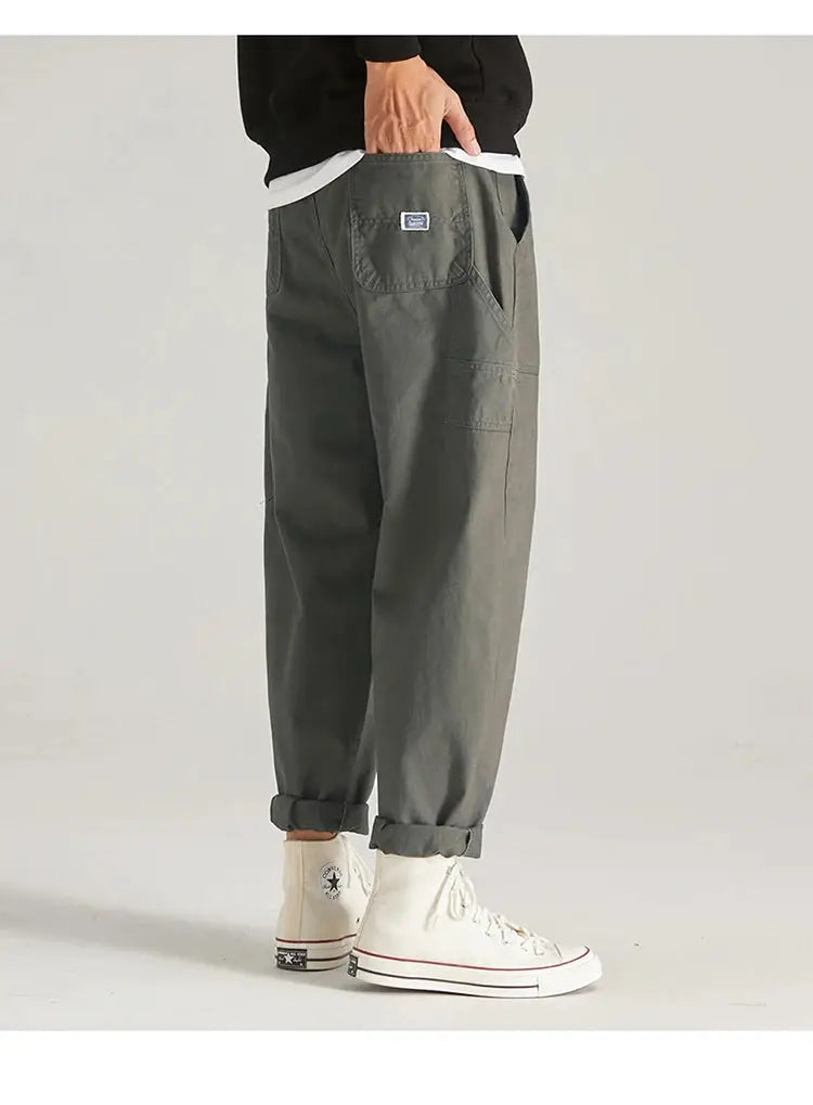 Men's HIQOR cargo pants by Simples Market, olive green multi-pocket casual trousers with cuffed hems