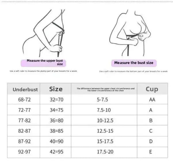 Push-up bra by Simples Market; size chart and measurement guide with underbust, bust, and cup sizes.