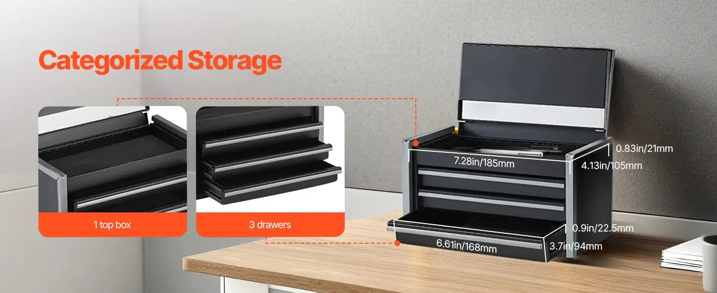 3-drawer metal tool box with top tray in black powder-coated finish, feet pads and ball-bearing slides