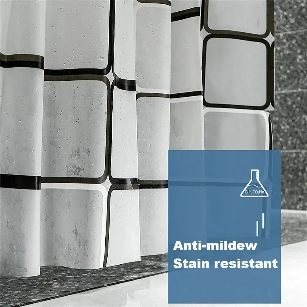 Shower curtain with hooks in white and black geometric squares; mildew resistant and stain-resistant PE/EVA fabric