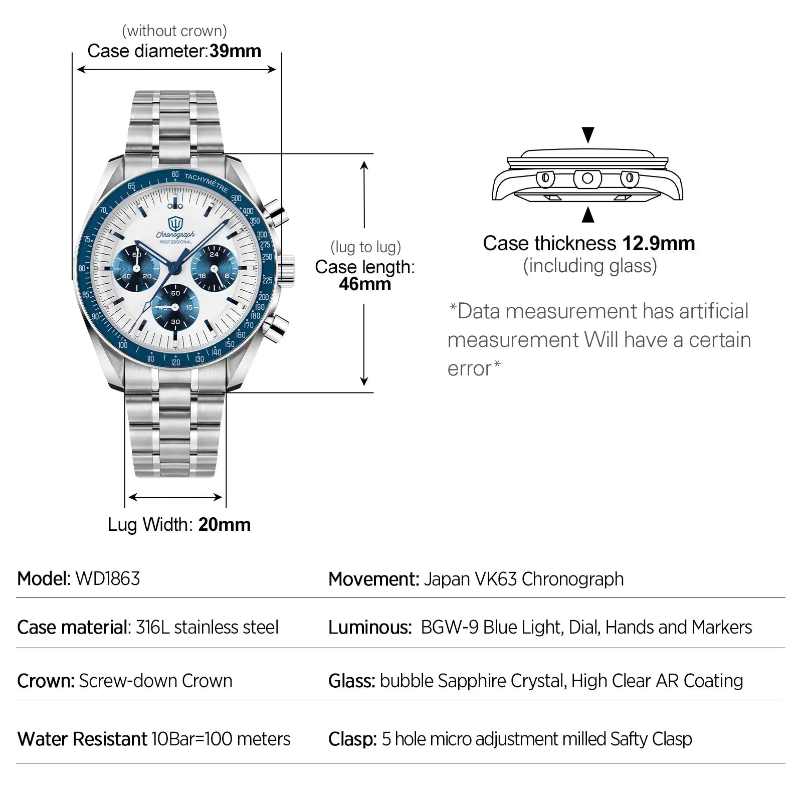 Watchdives WD1863 chronograph watch, stainless steel case/bracelet, blue bezel, white dial, sapphire crystal, 10 Bar.