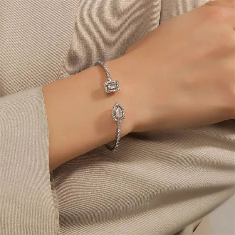 Luxury Geometry Gold Color Cuff Bangles For Women With Cubic Zirconia Bracelets For Party And Everyday Wear