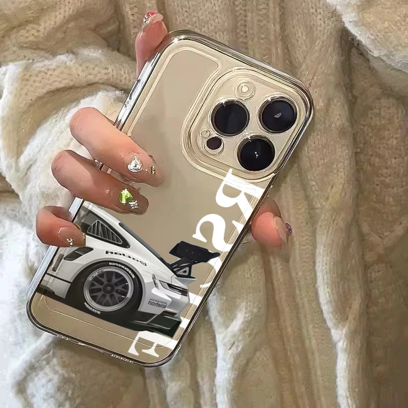 Transparent sports car iPhone case with clear back and white race car graphic, fits multiple iPhone models.