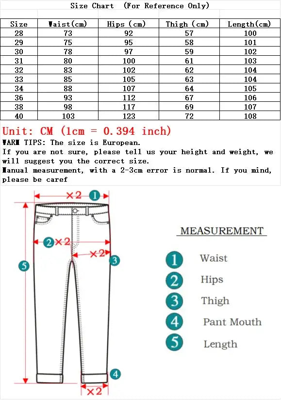 Simples Market men's black stretch denim jeans with size chart and measurement diagram