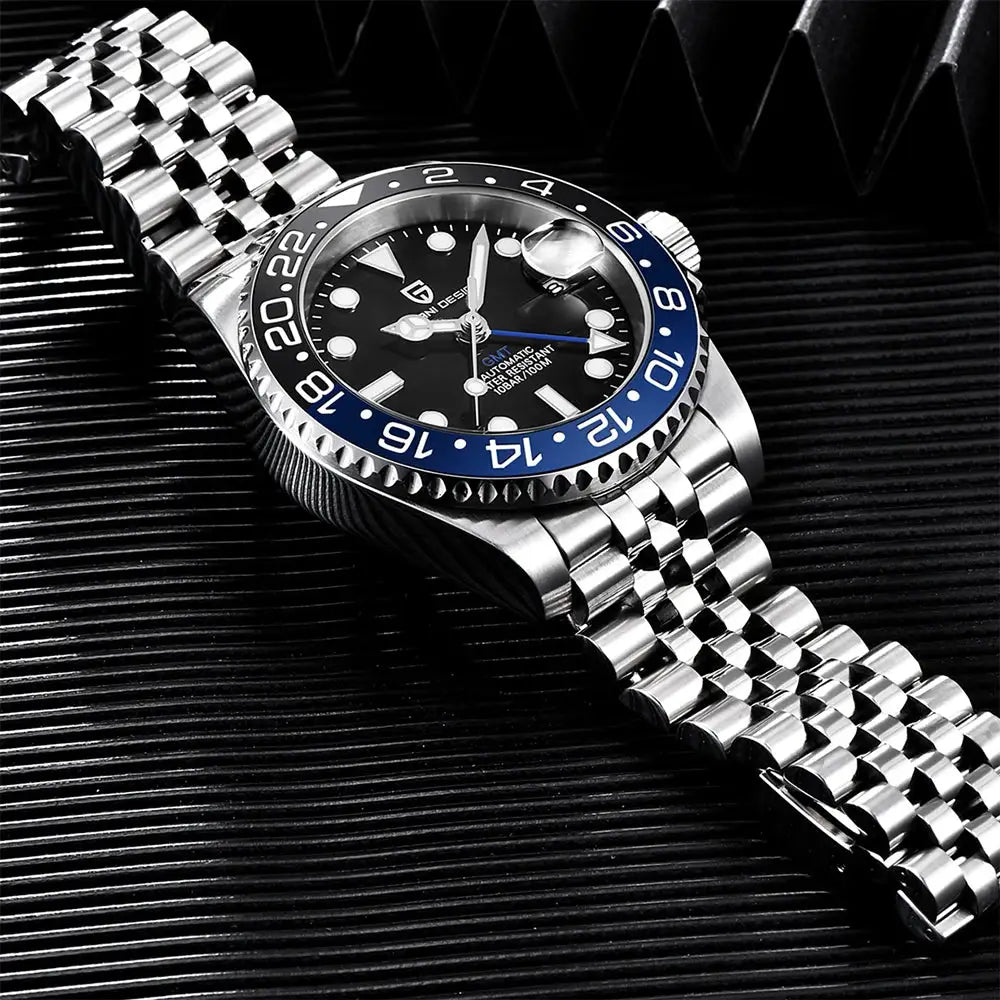 PAGANI DESIGN V3 GMT men's stainless steel watch with blue-black bezel and Jubilee bracelet