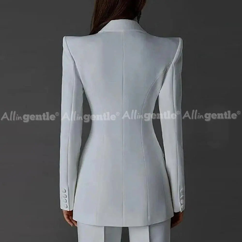 White women's two-piece pantsuit Allingentle with long-sleeve tailored blazer and matching pants, back view