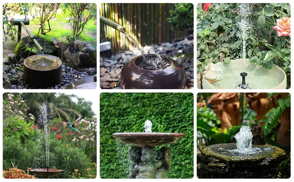 Simples Market panel-powered solar fountain pump kit with 6 nozzles for ponds and bird baths; low-noise outdoor decor