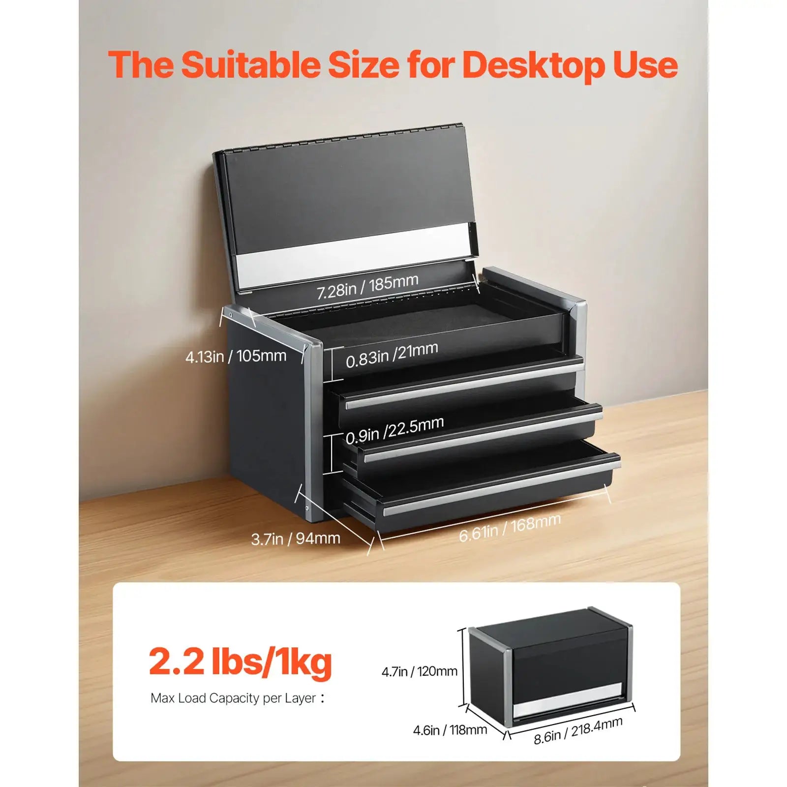 Metal tool box chest with three drawers, dark gray powder-coated finish, portable with feet pads.