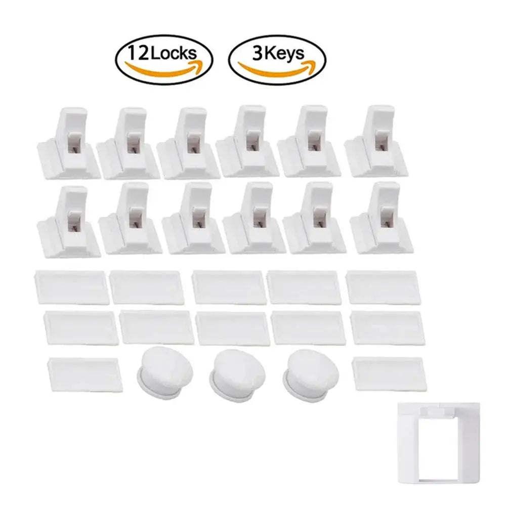Baby safety lock set: white magnetic cabinet and drawer latches, includes 12 locks and 3 keys