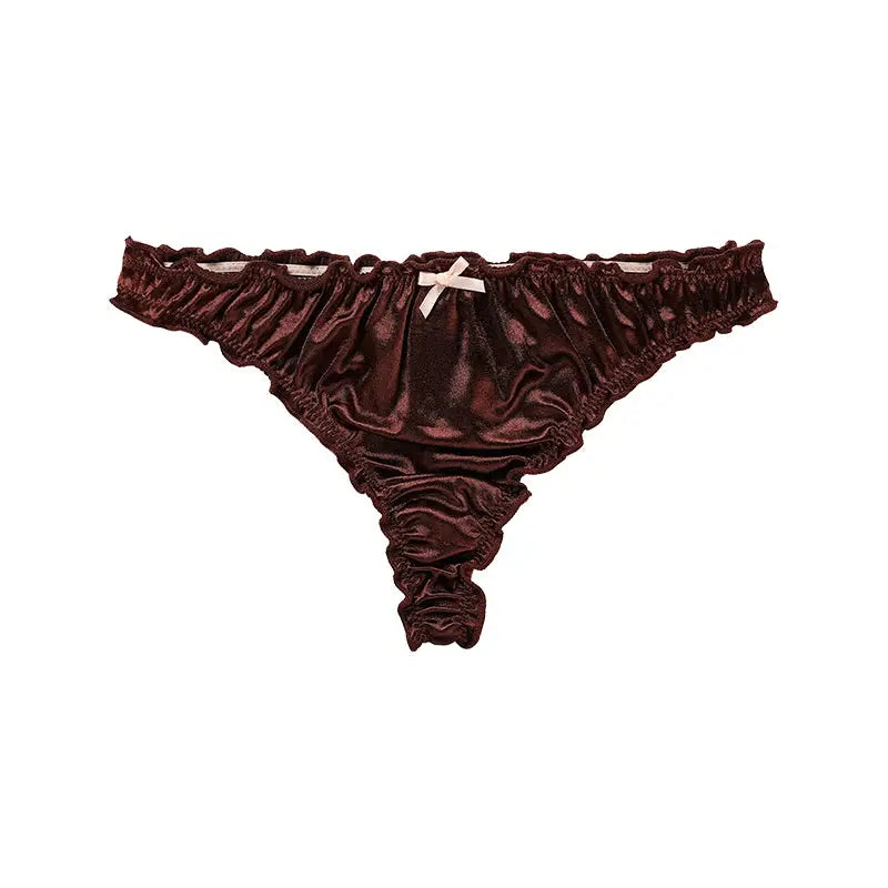 Satin ice-silk thong with frill trim in burgundy, cream bow