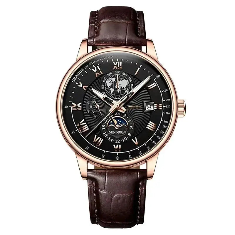 NovaLux Moon Phase Chronograph Leather Mens Watch With Luminous Hands And Complete Calendar