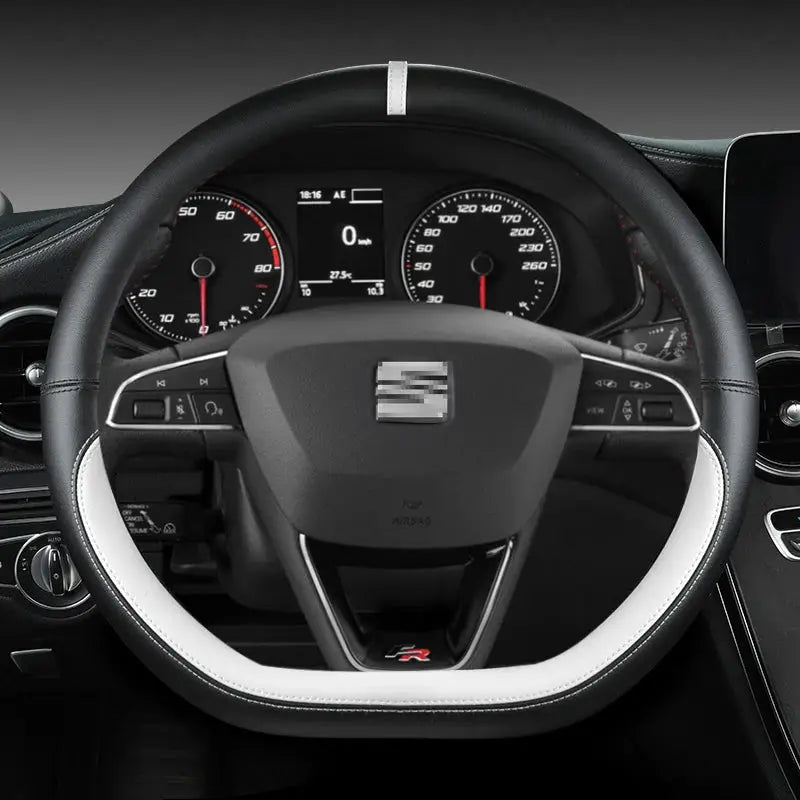 Steering wheel cover 38cm in black microfiber leather with white trim, non-slip fit for Seat Tarraco, Arona, Ibiza
