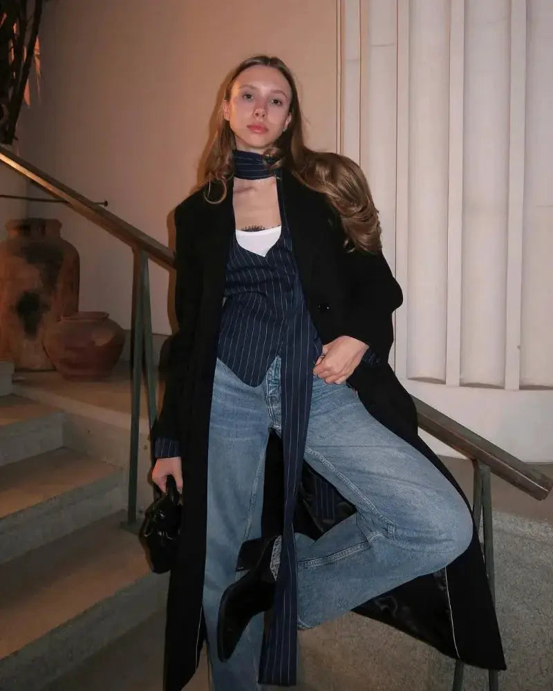 Trendix Elegant Blazer 2-Piece Set for Women in navy pinstripe with scarf neck detail, shown on a model