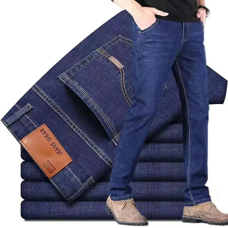 Men's blue denim jeans by Simples Market, casual straight-leg with elastic waist.