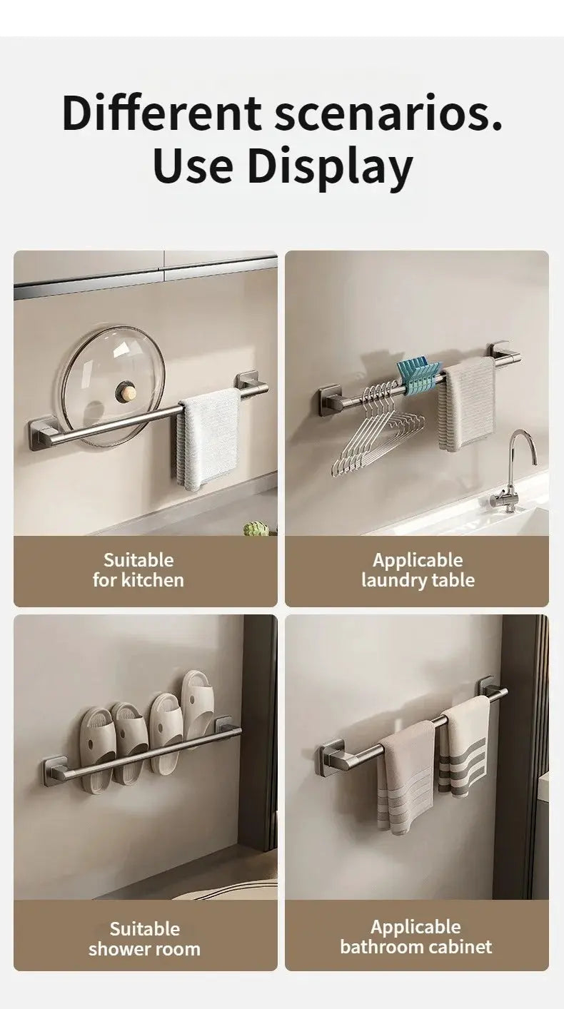 No-drill towel bar rack by Simples Market; stainless steel, shown in kitchen, laundry, shower, bathroom cabinet