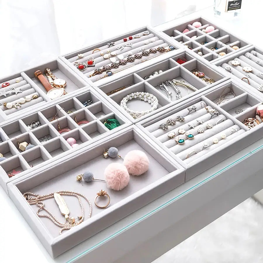 Flocking Jewelry Box Tray Velvet Interior With Wooden Base For All Kinds Of Jewelry Storage