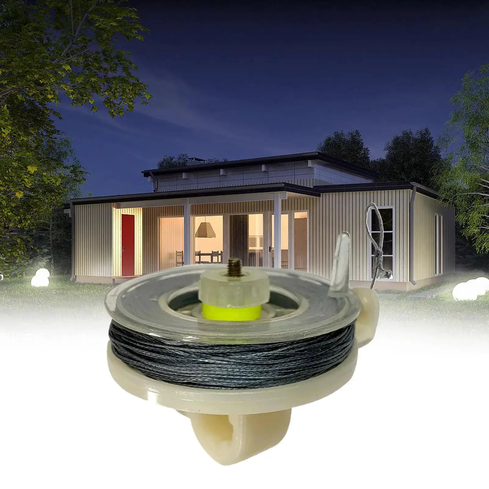 Perimeter alarm trip wire spool by Simples Market; weatherproof camping security system with black wire.