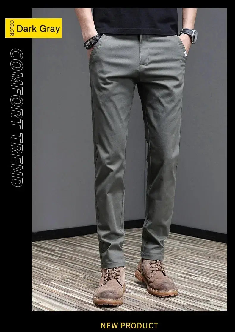 Men's dark gray casual pants, slim-fit full-length with front pockets