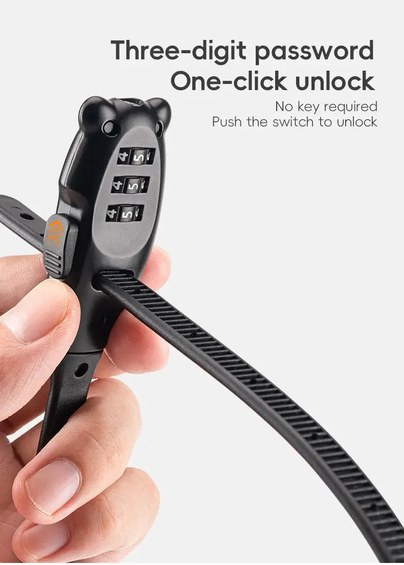 ROCKBROS portable bicycle lock with three-digit combo, black zinc-alloy body and adjustable strap; Simples Market