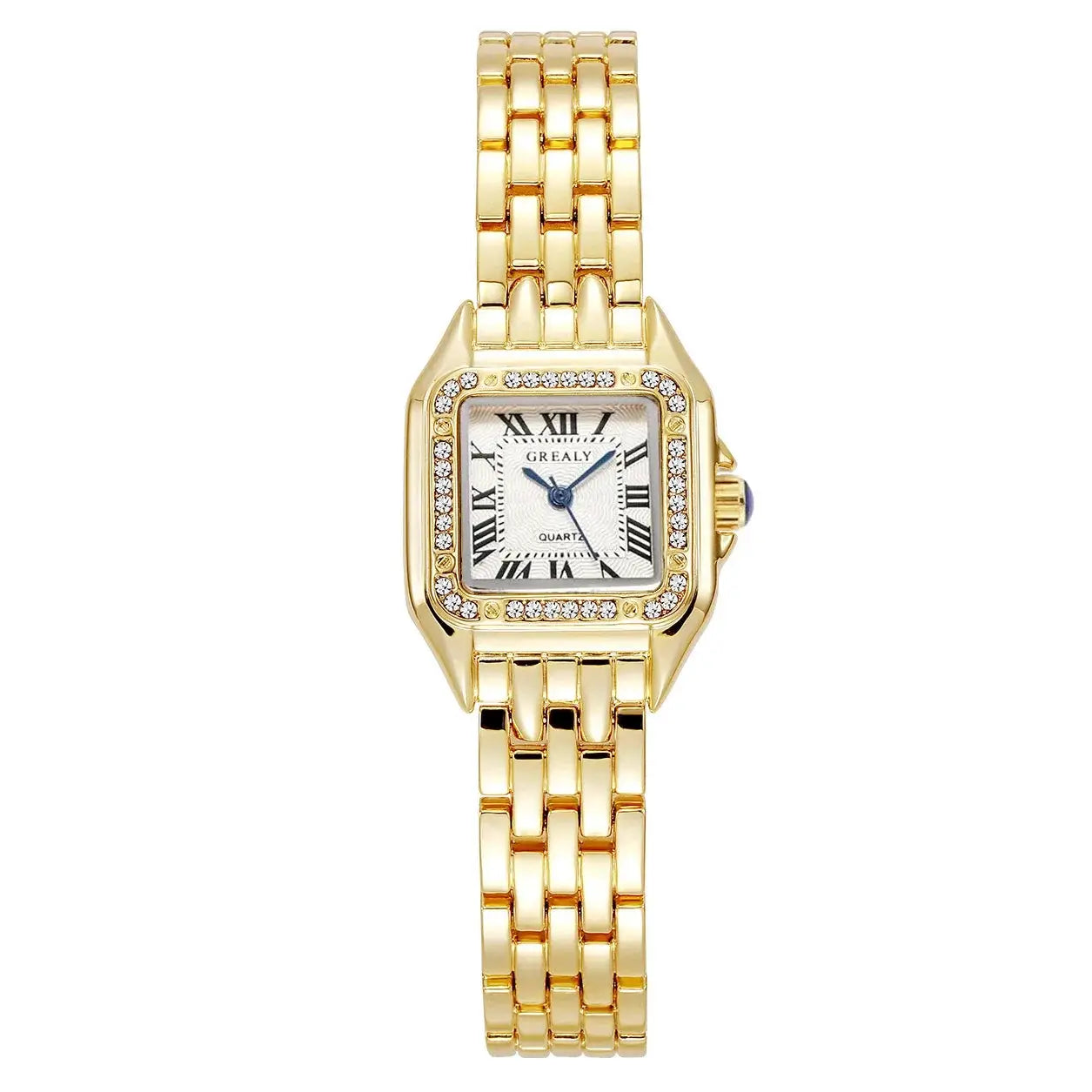 Women's gold-tone square rhinestone watch with crystal bezel and linked bracelet, white Roman numeral dial