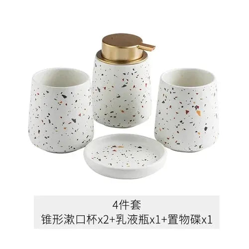 Simples Market terrazzo ceramic European bathroom set: emulsion bottle with gold lid, three speckled cups and soap dish