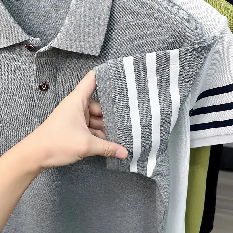 Men's gray polo shirt by Simples Market with white striped short sleeves